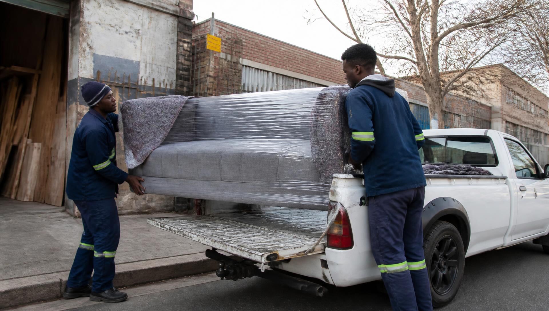 A wrapped couch loaded for delivery