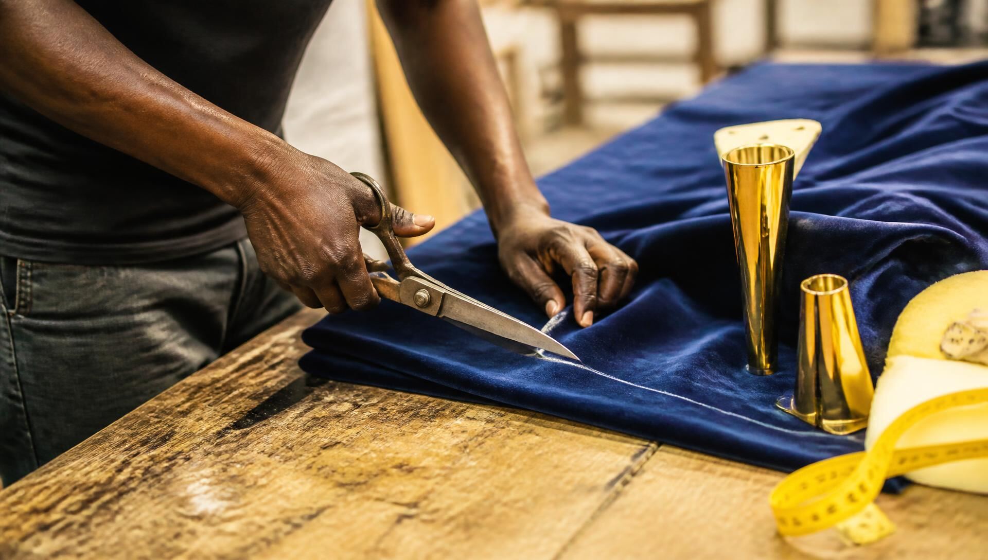 Velvet fabric being measured and cut on the workshop table