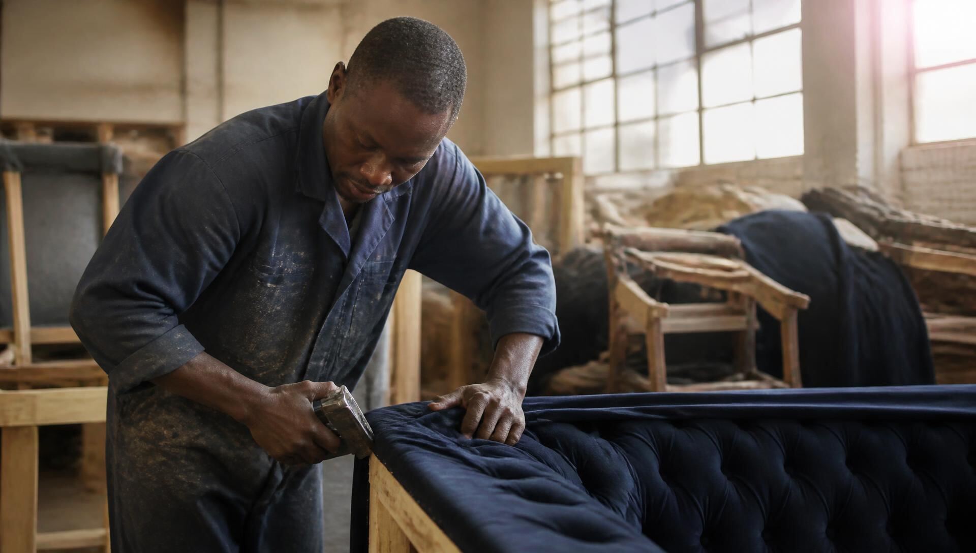 Upholsterer stretching velvet over a couch frame in the VK Furnitures workshop