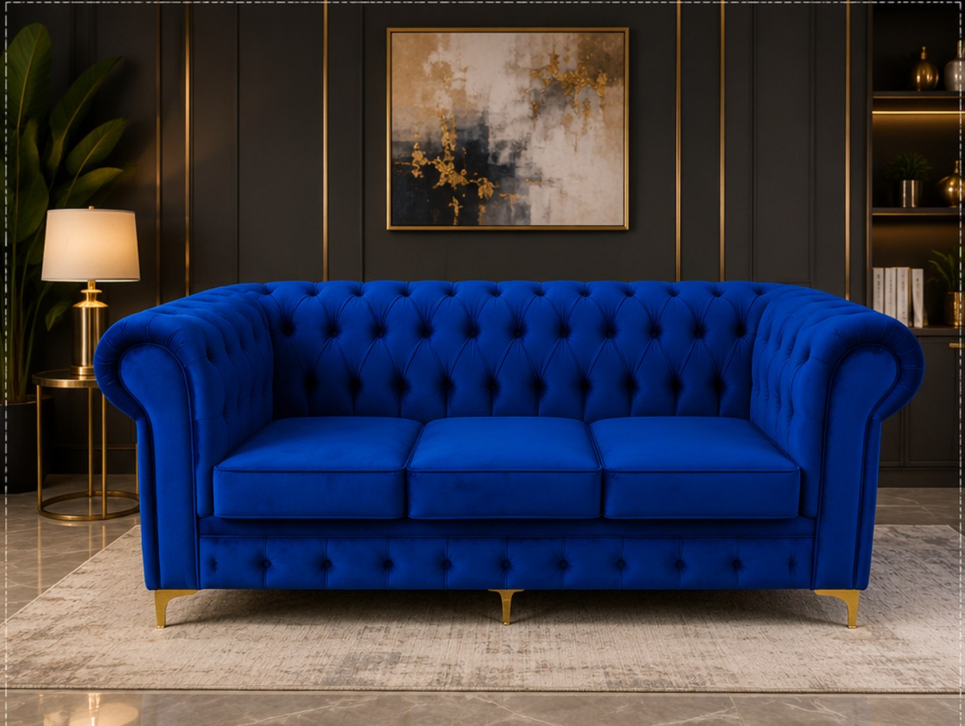 3 Seater Chesterfield in royal blue velvet