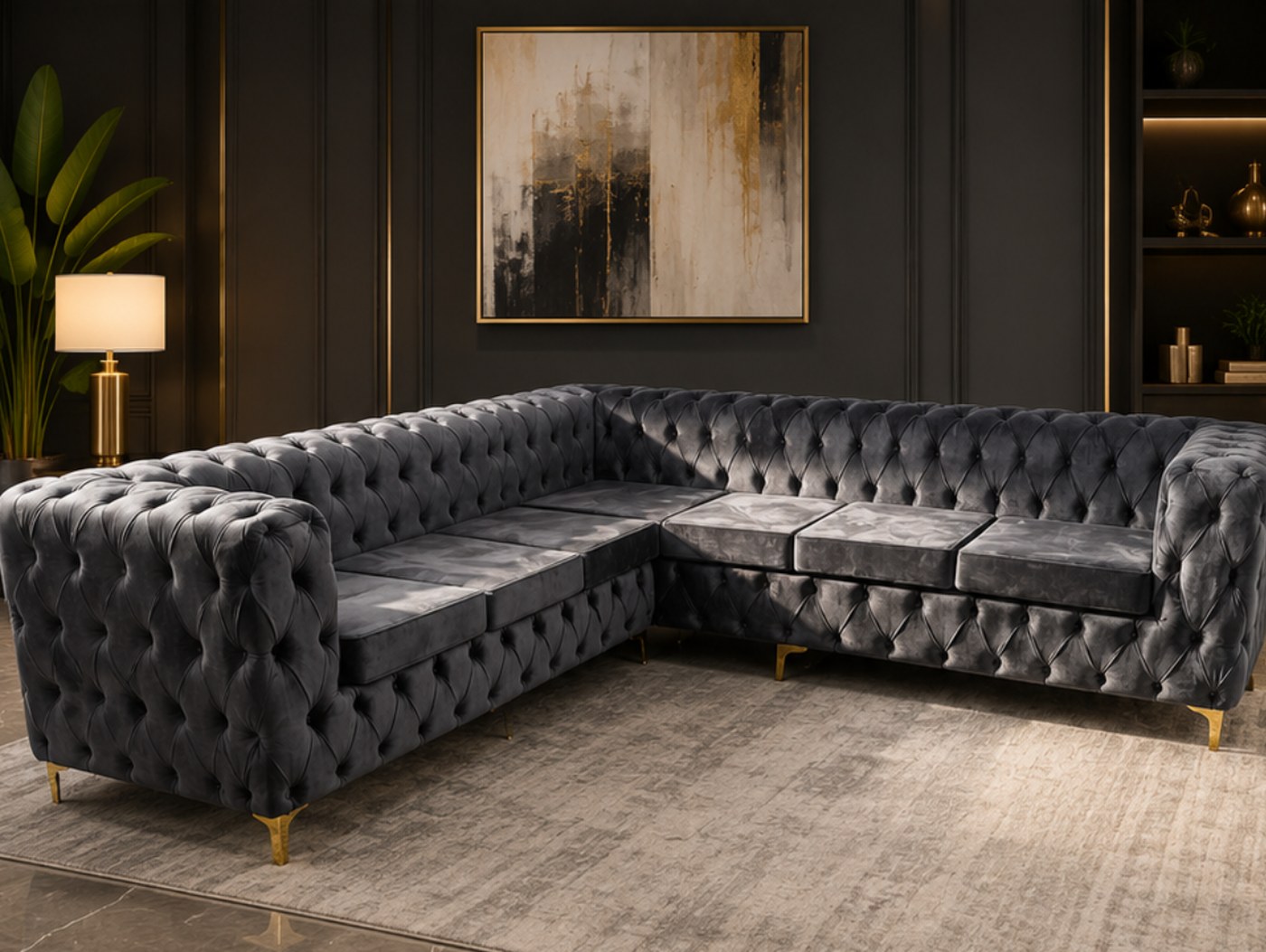 7 Seater Chesterfield L-Shape in charcoal grey velvet