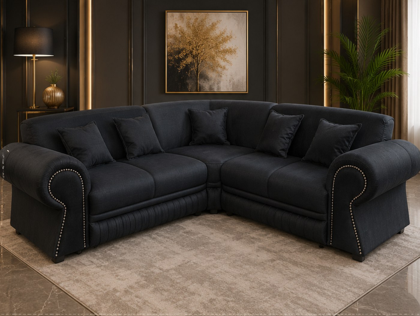 Laura five seater L-shape couch in black velvet with gold legs