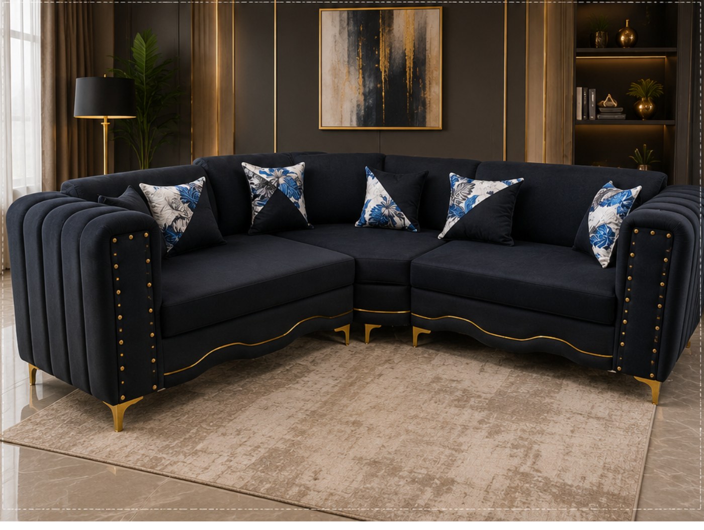 Lina 5 Seater L-Shape in black velvet