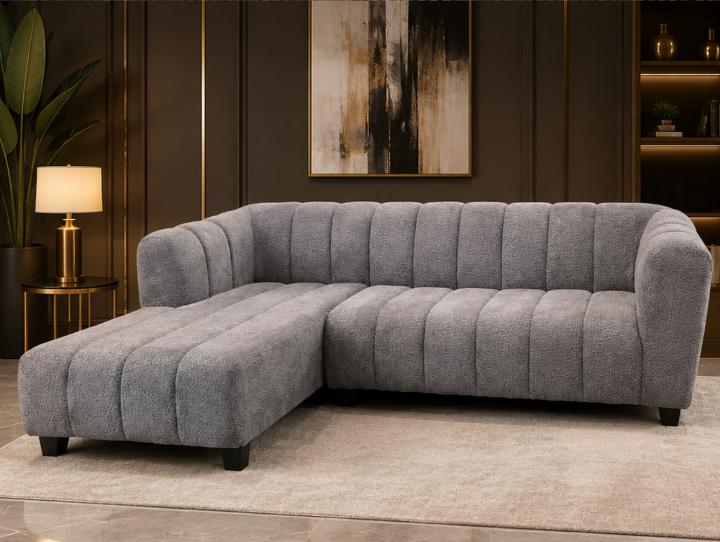 Monaco daybed couch in grey sheepskin fabric with wooden legs