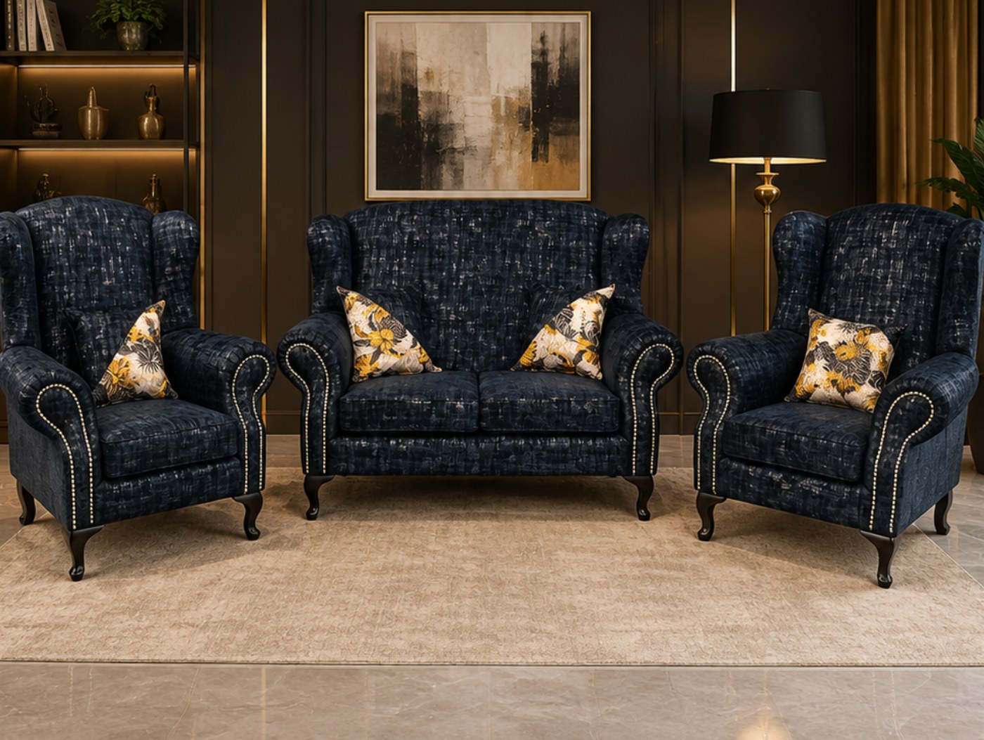 Wingback 2 Seater and 2 Chairs in black textured weave